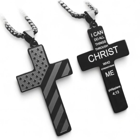 NEW - STAINLESS STEEL CROSS NECKLACE PHIL 4.13 BLACK/BLACK 24 INCH CHAIN - Picture 4 of 5